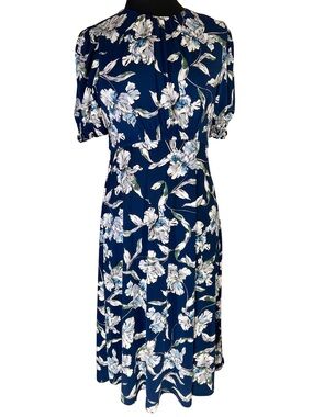 Maggy London Navy & White Floral Midi A Line High Neck Dress with Puff Sleeves